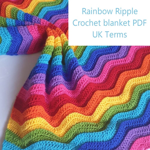 L'ondulation de l'arc-en-ciel, modèle de couverture au crochet, couverture de bébé au crochet, termes britanniques, modèle de couverture au crochet PDF, couverture de bébé au crochet