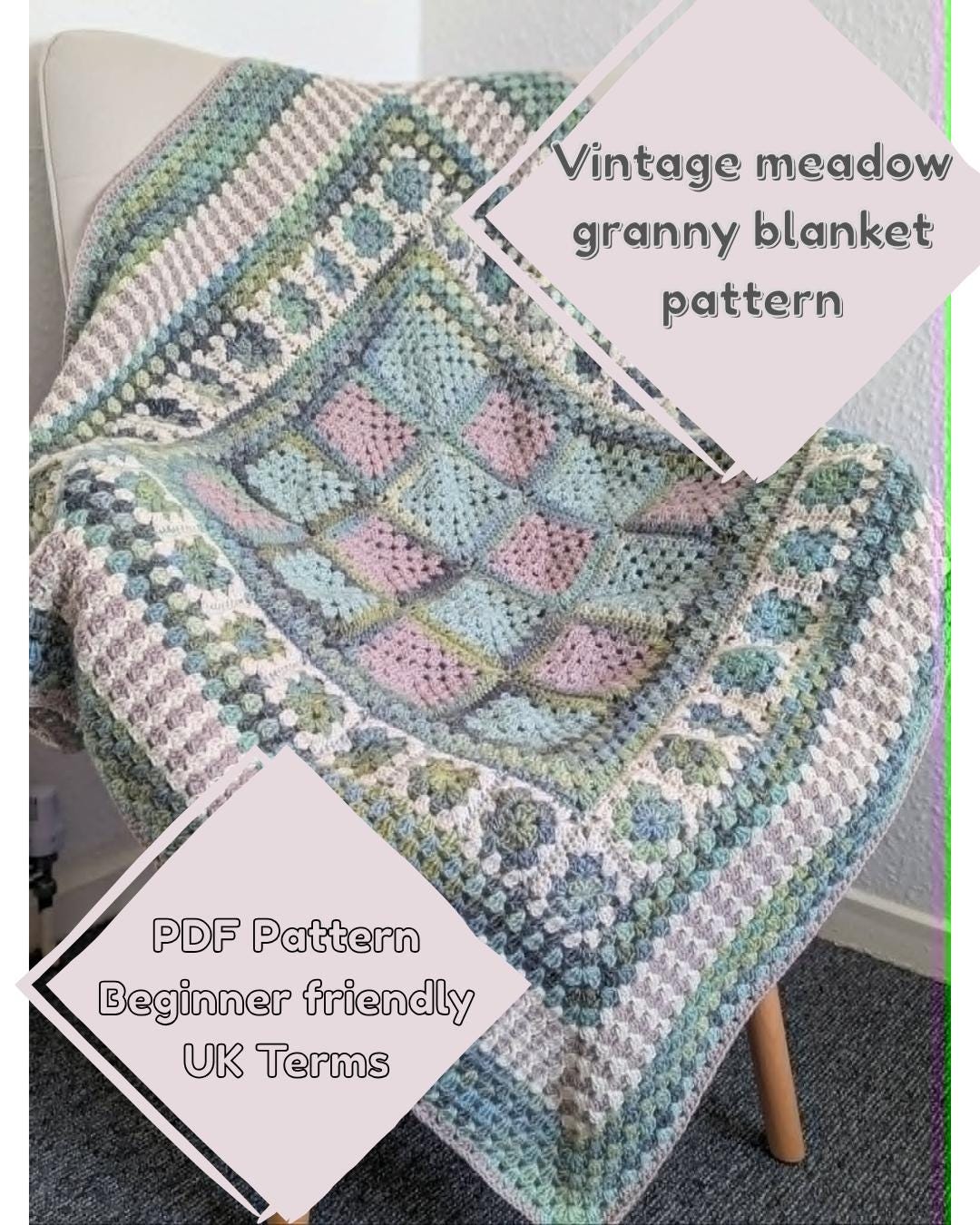 その他 USA Vintage Granny Blanket Vintage Meadow Granny Blanket Crochet Pattern, Cottagecore Floral