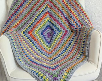 Handmade Crochet Rainbow Baby Blanket: Acrylic Yarn, Grey Border (38x38)