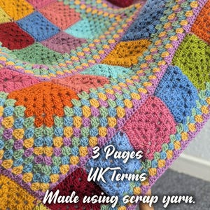May include: A colorful, handmade crochet blanket with a patchwork design. The blanket features squares in various colors, including pink, blue, orange, and green. The text "3 Pages UK Terms Made using scrap yarn. No colour selection listed" is visible.
