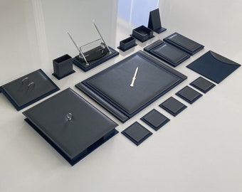 luxury Office Set Navy Blue Gray | Office Supplies Set  | Desk Organizer | Leather Desk Set