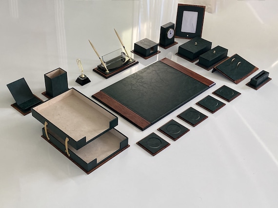 Set of Italian Cream Woven Leather Desk Accessories