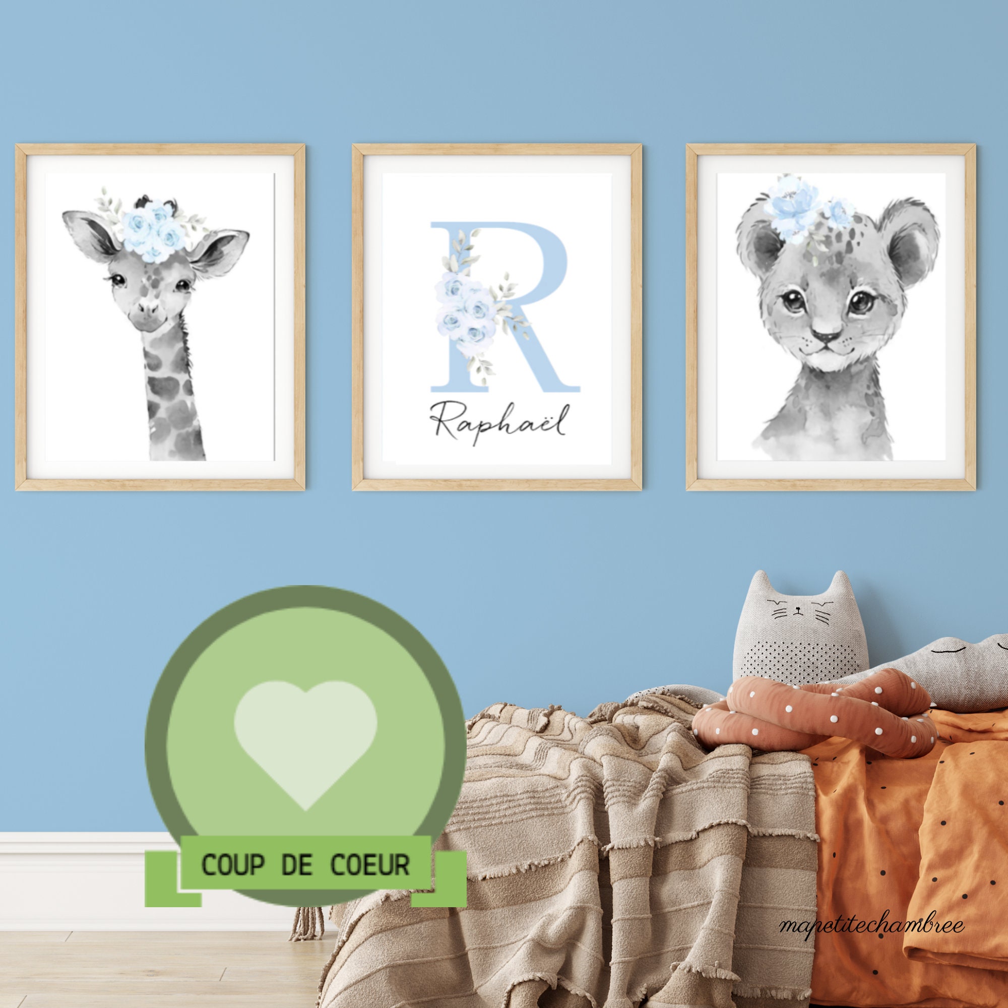 Décoration Chambre Bébé et Enfant - Lot de 3 Affiches Savane Jungle , Décoration Murale Bébé Mixte, 