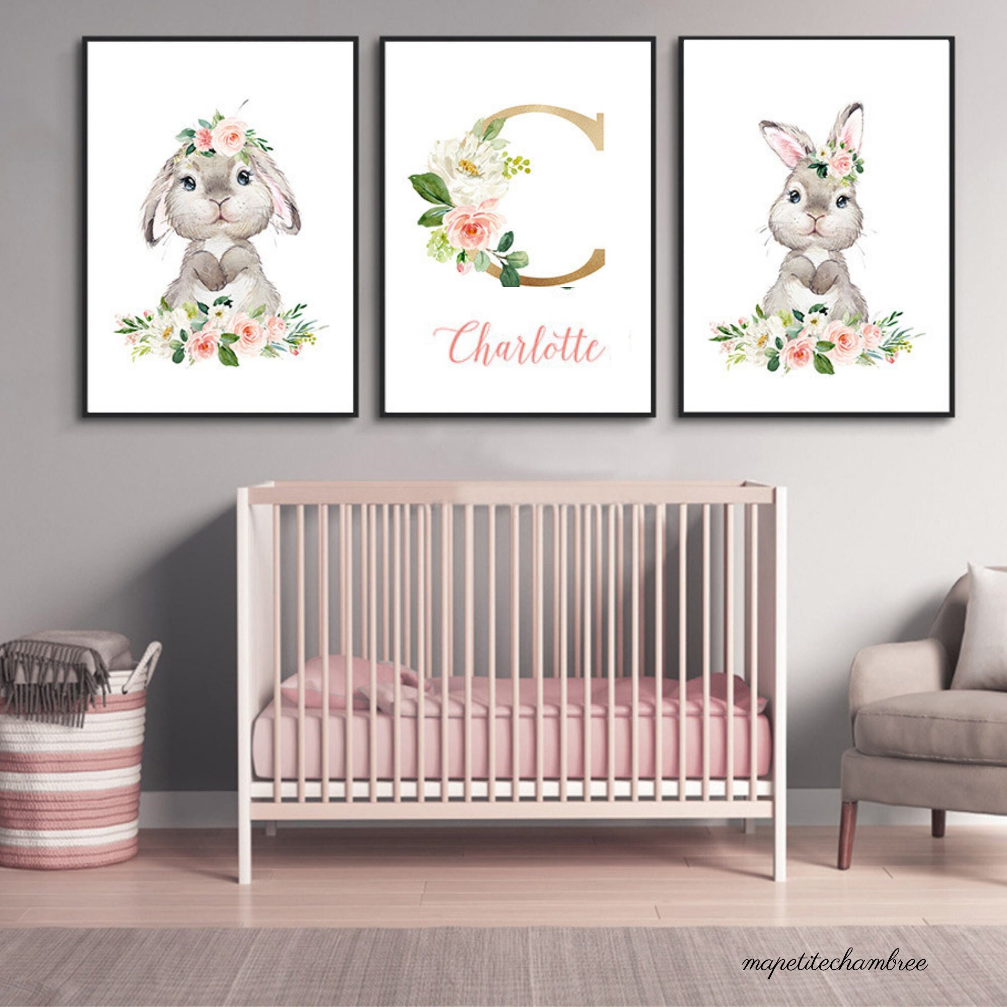 Affiches Murales Personnalisées, Décoration Chambre Animaux Lapin - Lot de 3 Impressions Affiches Un