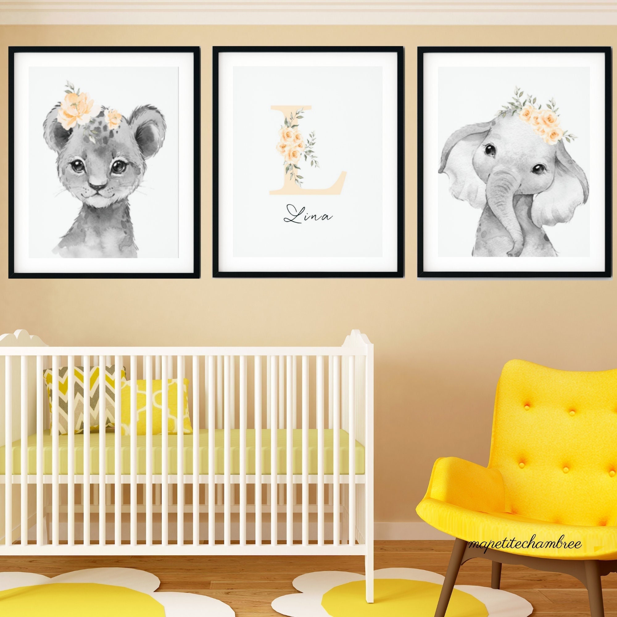 Décoration Chambre Bébé Fille - Affiche Savane Jungle avec Prénom Personnalisé Décoration Murale Cha