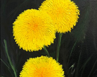 Dandelions Yellow flowers Dandelion painting Wildflowers Original art Large flowers Dark background Bright color Black Green Yellow