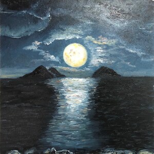 Lune Peinture sombre Route de la Lune Paysage de nuit Mer la nuit Eau sombre Paysage de lune Clair de lune Petite peinture Peinture Art moderne Océan de nuit