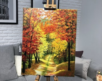 秋です。秋の絵画 赤い森 秋の明るい色彩 印象派 秋の風景 キャンバス
