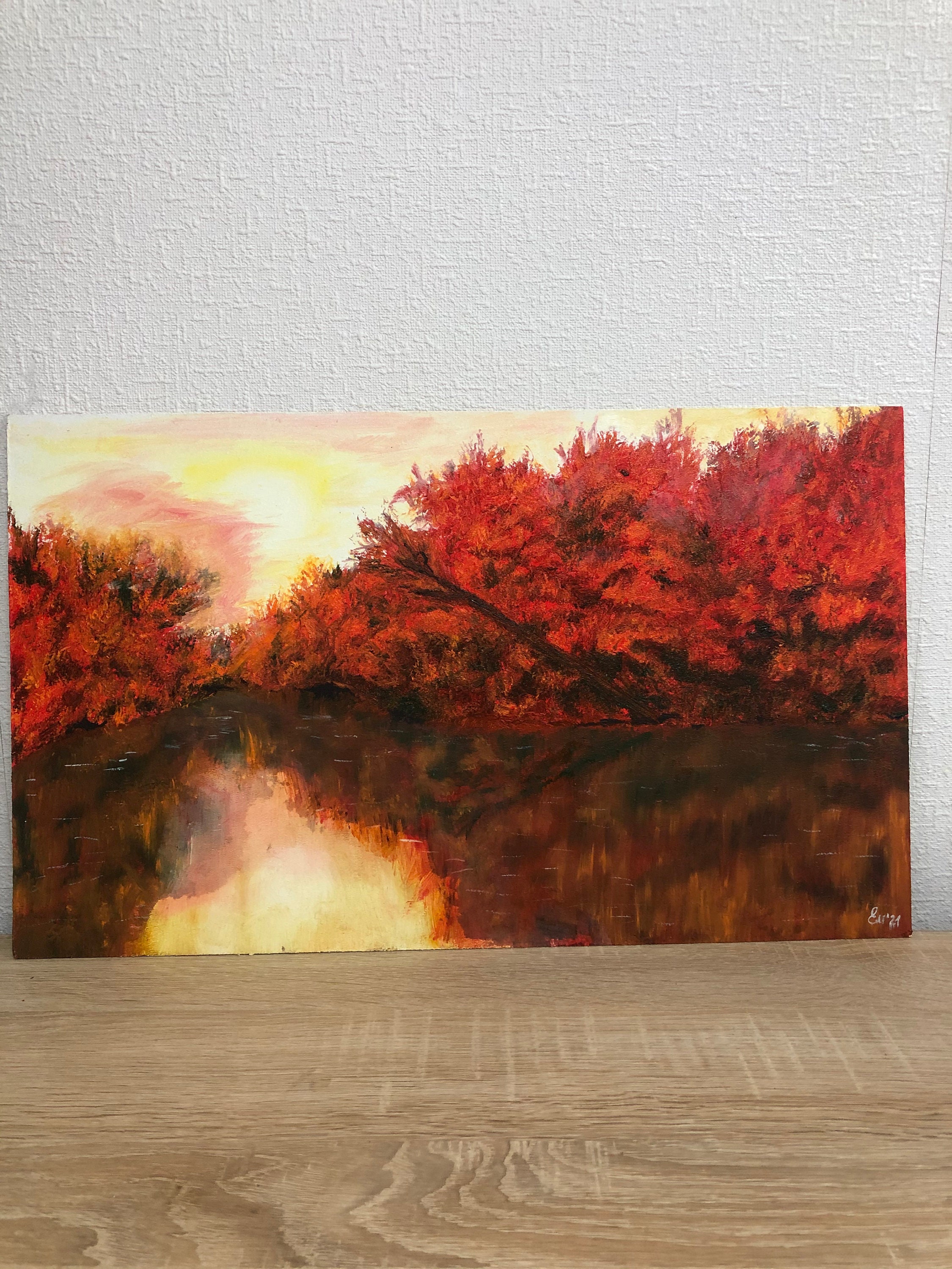赤い秋 赤い湖 秋の風景 赤い絵画 鮮やかな絵画 森の中の湖 油絵 家の