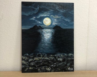 月 暗い絵 月の道 夜の風景 夜の海 暗い水 月の風景 月光 小さな絵
