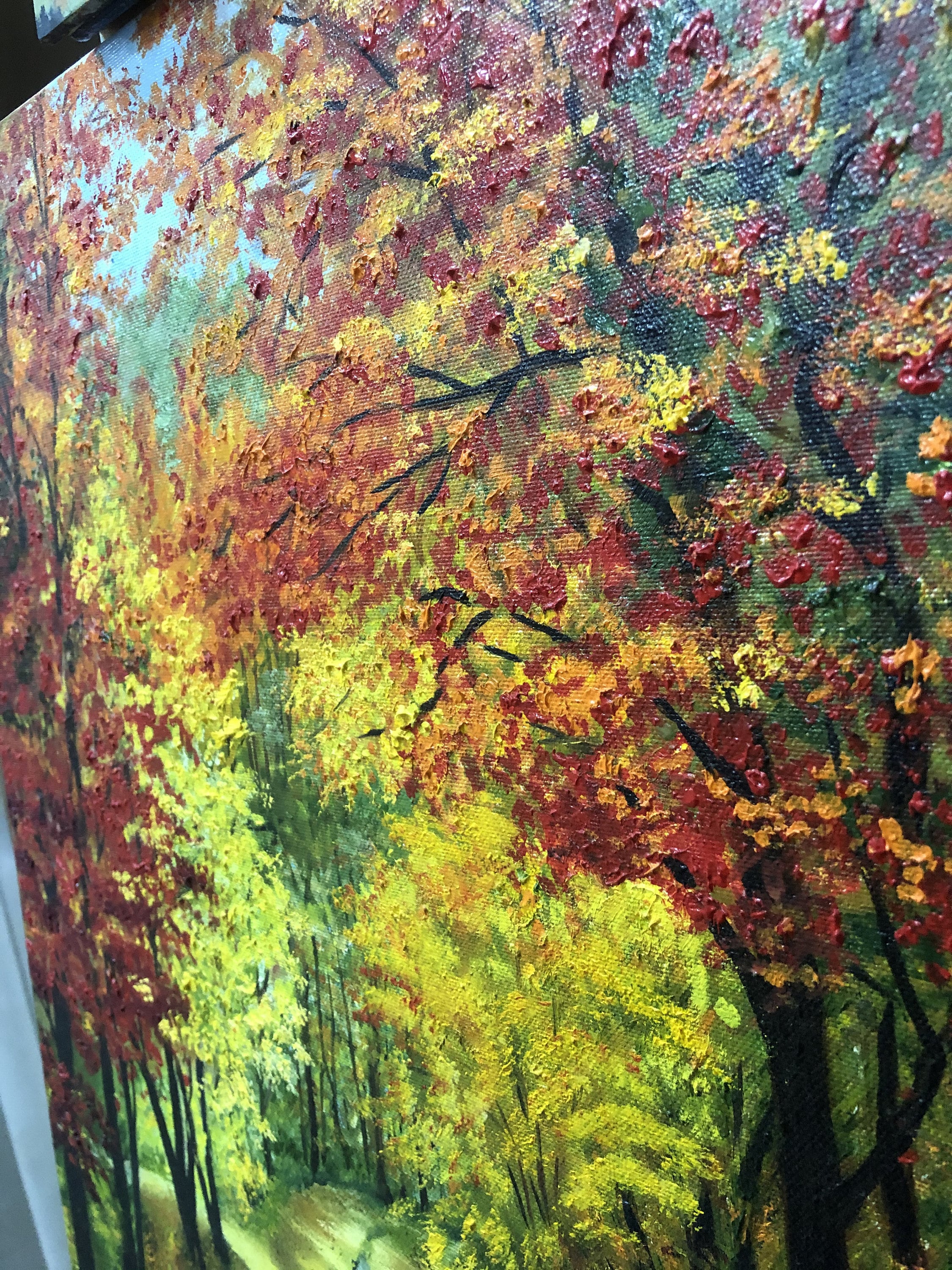 秋です。秋の絵画 赤い森 秋の明るい色彩 印象派 秋の風景 キャンバス
