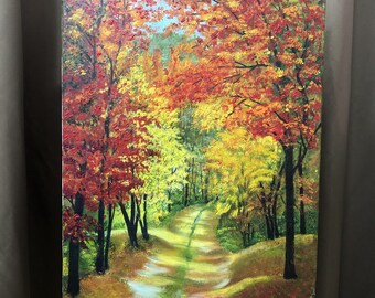 秋です。秋の絵画 赤い森 秋の明るい色彩 印象派 秋の風景 キャンバス