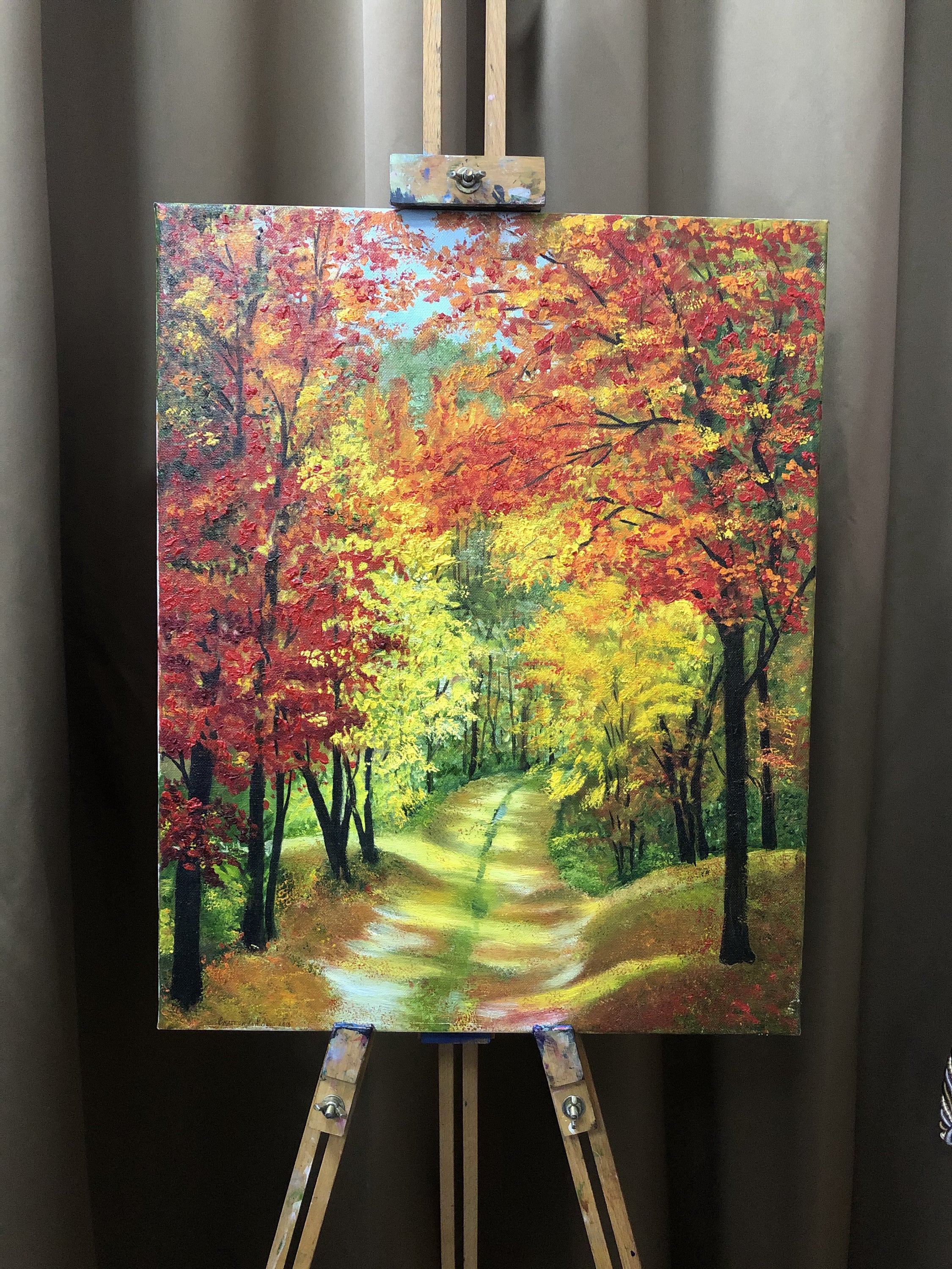 秋です。秋の絵画 赤い森 秋の明るい色彩 印象派 秋の風景 キャンバス
