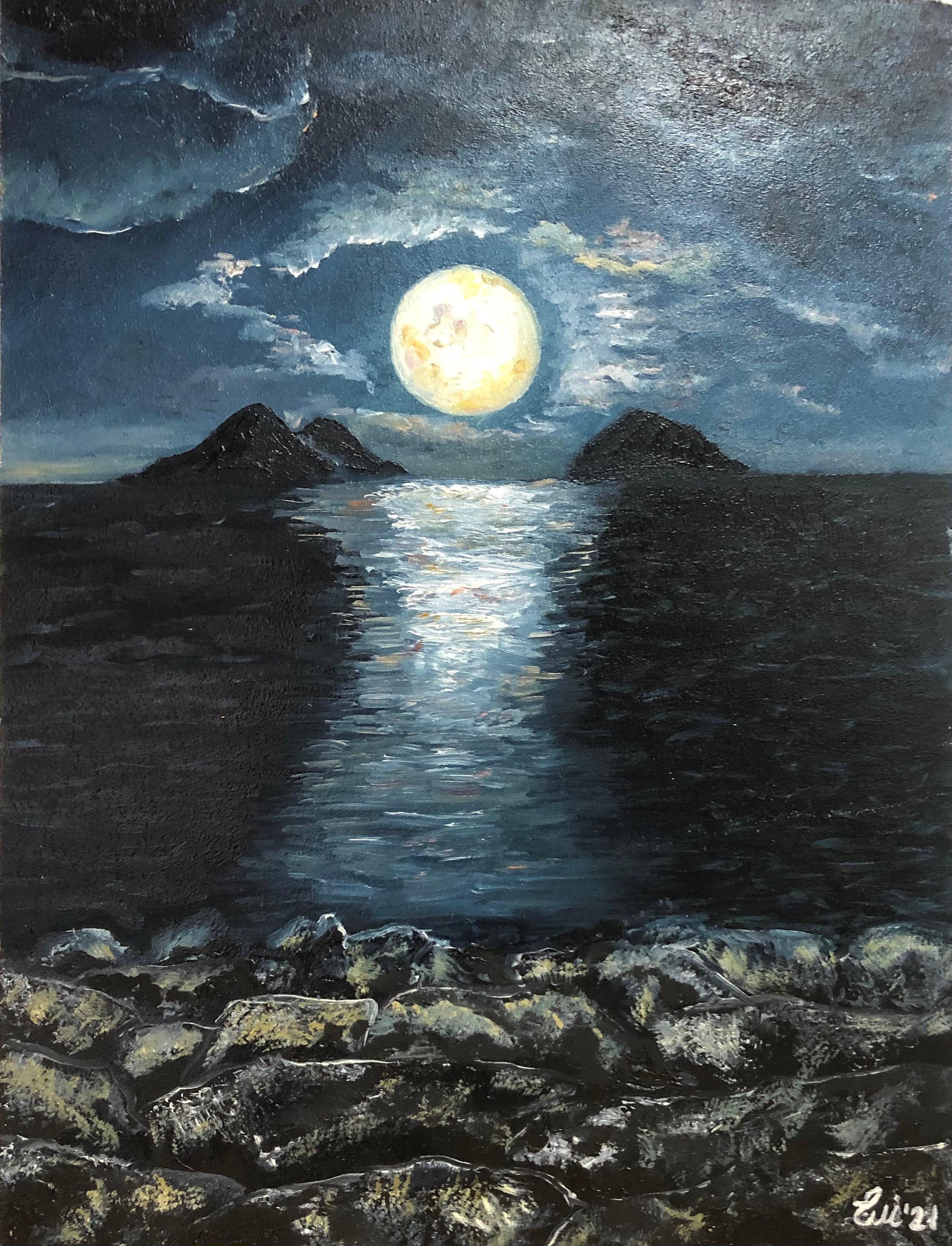 絵画　月 月 暗い絵 月の道 夜の風景 夜の海 暗い水 月の風景 月光 小さな絵