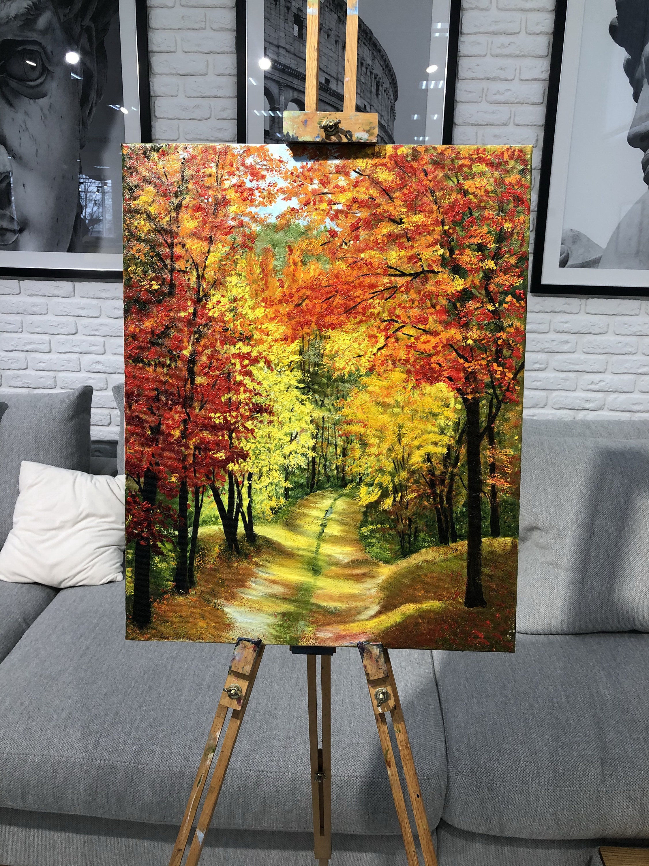 秋です。秋の絵画 赤い森 秋の明るい色彩 印象派 秋の風景 キャンバス