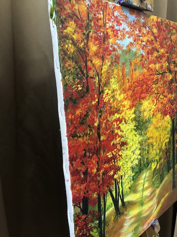 秋です。秋の絵画 赤い森 秋の明るい色彩 印象派 秋の風景 キャンバス