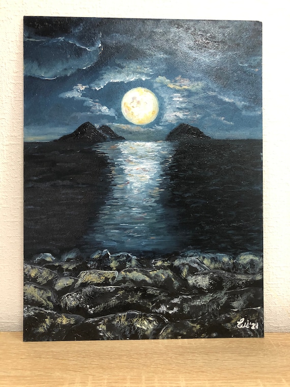 月 暗い絵 月の道 夜の風景 夜の海 暗い水 月の風景 月光 小さな絵