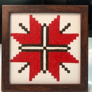 Ukrainien Vyshyvanka Modèle Ornement Motifs rouges Intérieur ukrainien Petite photo Peinture à l’huile Décor à la maison Peinture ukrainienne moderne