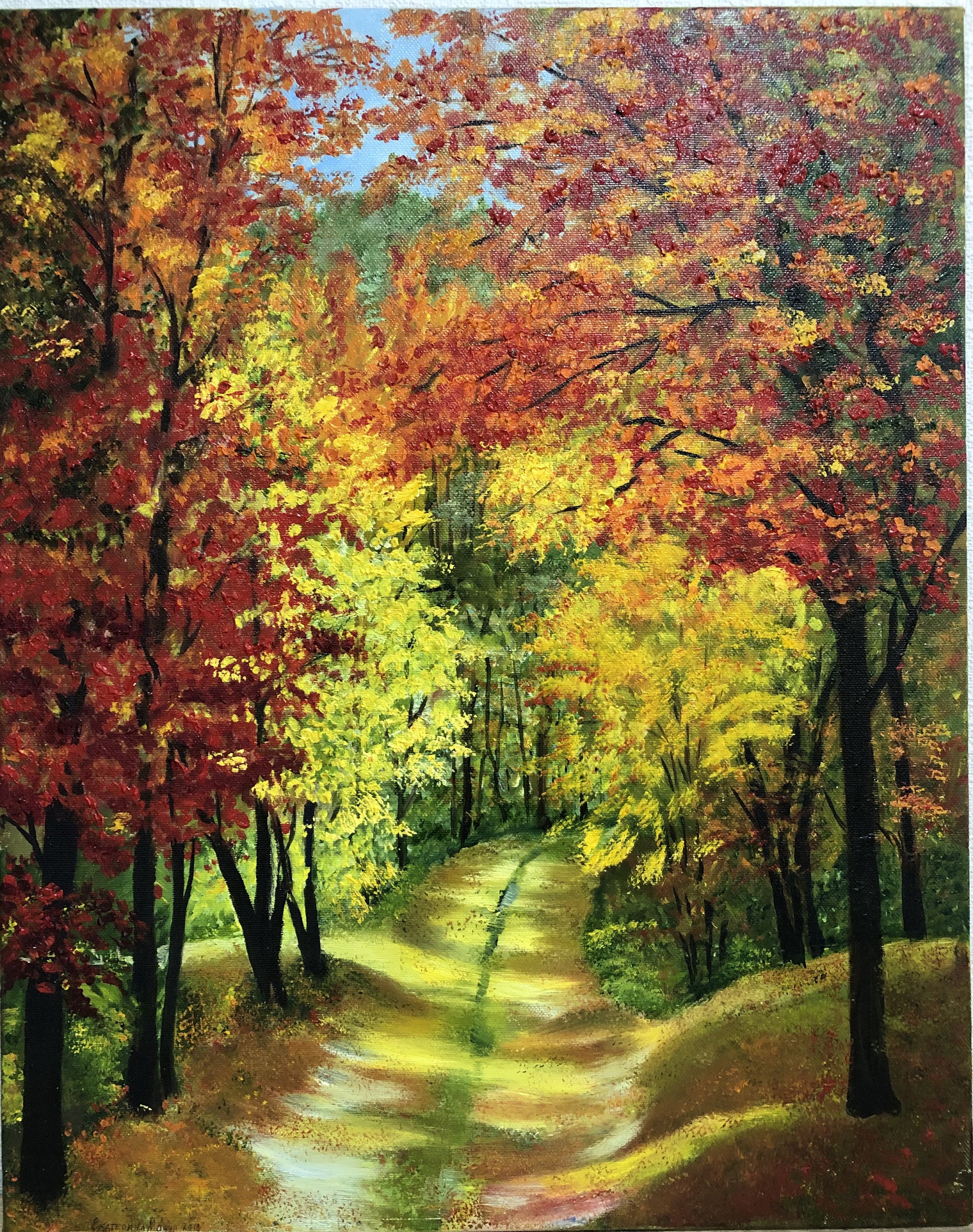 油彩画　秋の色 日本庭園の秋の風景油彩画 額付き 大型絵画