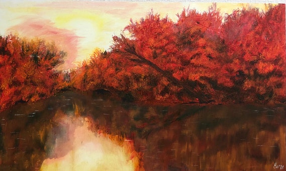赤い秋 赤い湖 秋の風景 赤い絵画 鮮やかな絵画 森の中の湖 油絵 家の