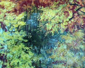 秋です。秋の絵画 赤い森 秋の明るい色彩 印象派 秋の風景 キャンバス