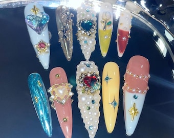 American Palace Glass, Handmade Nails, Press-On Nails, Xxl Super Long Nails, Gorgeous Full Diamond Pearl Contrast, Long Pointed Nails