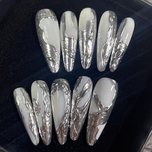 Mirror Silver Symbiosis, Handmade Nail Art, Press-On Nails, Irregular Liquid Silver, Advanced Cold-Toned Magic Mirror Powder, Hot Girl Y2k