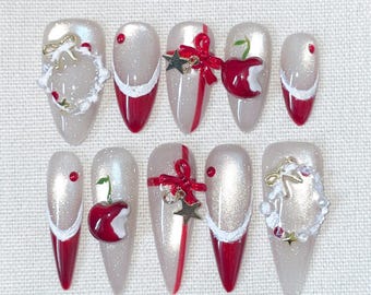 Christmas Nails, Press On Nails, False Nails, Red Nails, Holiday Nails, Red Christmas, Christmas Gifts, Handmade, reusable, custom nails