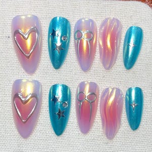 Valentine's Day Punk, Ins Blush Hearts And Bows, Hit Blue Hand-Painted Five-Pointed Star Design, Hand-Pressed Nails, Suitable For Birthdays