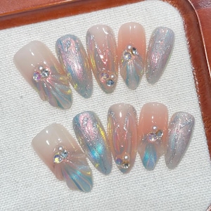 Sogno di Sirena, Coda di Sirena da Sogno, Motivo a Conchiglia in Gel 3D, Perla Rosa Aurora, Abbigliamento per Vacanze al Mare, Unghie Riutilizzabili