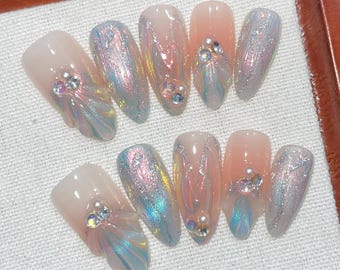 Mermaid Dream, Dreamy Mermaid Tail, 3d Gel Shell Pattern, Aurora Pink Pearl, Beach Vacation Wear, Reusable Nails