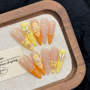 Orange Ice Flower, Vibrant French Flower, 3d Gel Pinch Flower, Handmade Press-On Nails, Gift For Mother/Friend