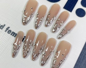 Fireworks, Handmade Nail Art, Press-On Nails, 3d Aurora Mirror-Shaped Rhinestone Fireworks, Cinnamon And Silver Contrast, Long Pointed Nails