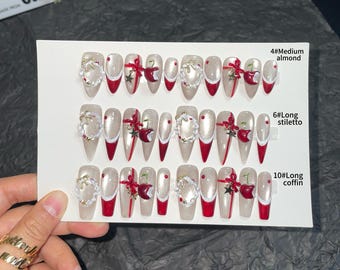 Christmas Nails, Press On Nails, False Nails, Red Nails, Holiday Nails, Red Christmas, Christmas Gifts, Handmade, reusable, custom nails