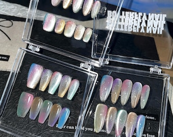 Uñas Cat Eye, Uñas Postizas, Uñas Cat Eye de Colores, Uñas Rosas, Uñas Azules, Uñas Minimalistas, Uñas Hechas a Mano, Reutilizables, Uñas Personalizadas