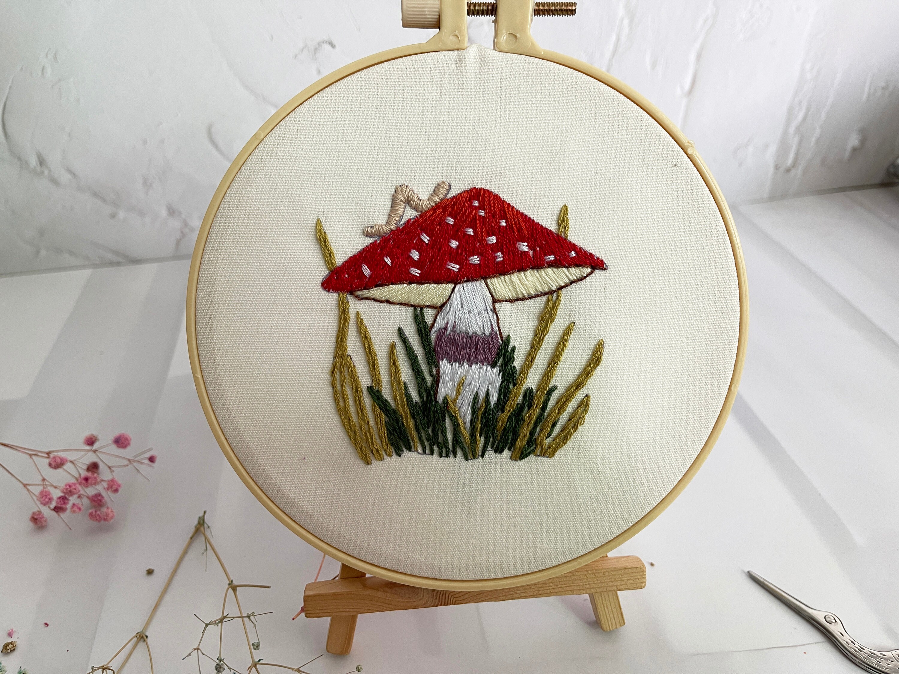 Mushroom embroidery kit beginnerfull kit with ringmodern Etsy