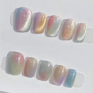 Rainbow Glass Beads, Candy Cat Eyes, Press-On Nails, Glitter Gradient False Nails, Reusable Nail Art Set, Party, Daily Clothing Accessories