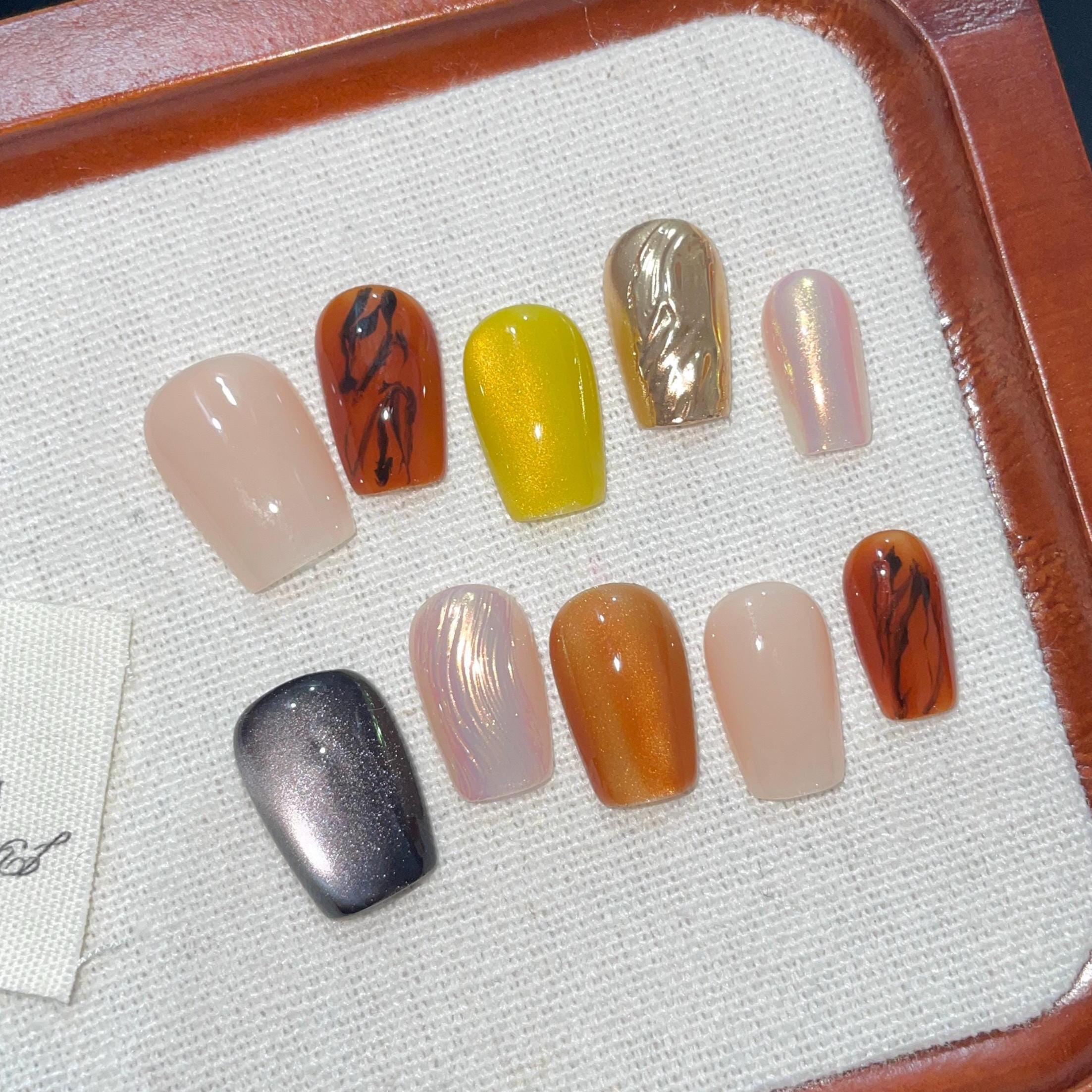 Caramel Amber, Solid Short Cat Eye, Deep And Mature Contrast Color Design, Daily Commuting, Reusable Press-On Nails