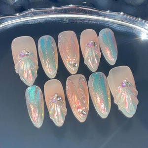 Sogno di Sirena, Coda di Sirena da Sogno, Motivo a Conchiglia in Gel 3D, Perla Rosa Aurora, Abbigliamento per Vacanze al Mare, Unghie Riutilizzabili