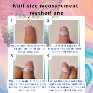 Puede incluir: Dos im&aacute;genes que muestran c&oacute;mo medir el tama&ntilde;o de las u&ntilde;as con una cinta m&eacute;trica. La primera imagen muestra un dedo sin esmalte de u&ntilde;as, y la segunda imagen muestra un dedo con una cinta m&eacute;trica envuelta alrededor de la u&ntilde;a. El texto de la imagen dice "Medici&oacute;n del tama&ntilde;o de las u&ntilde;as m&eacute;todo uno" y proporciona instrucciones para medir la u&ntilde;a.
