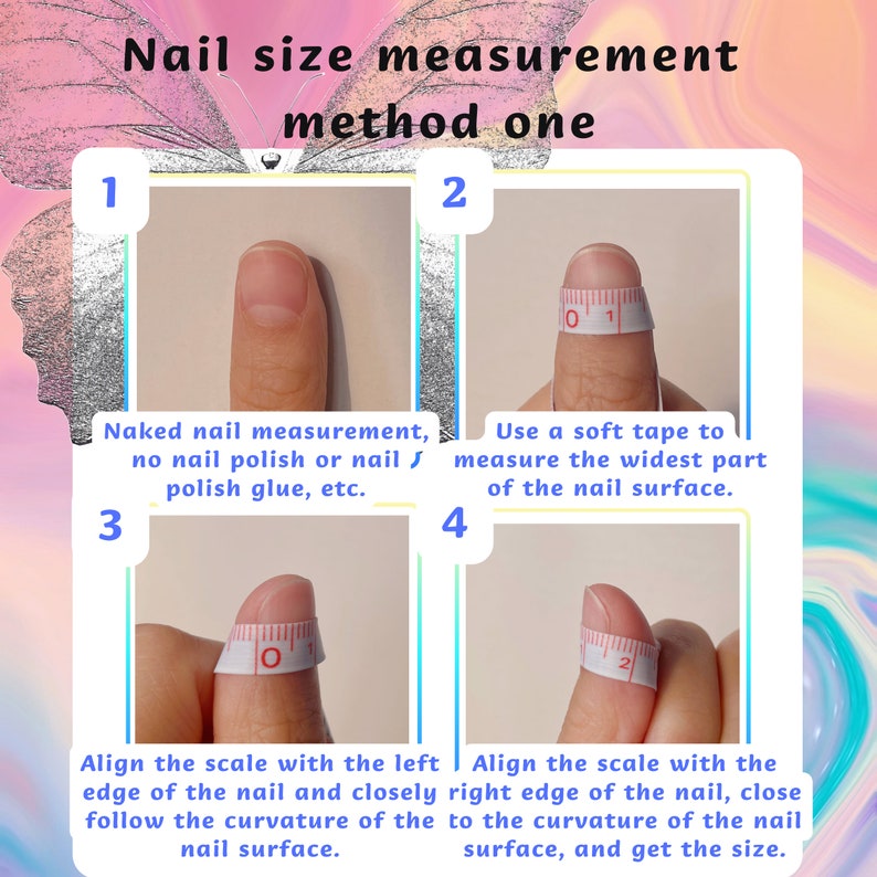 Puede incluir: Dos im&aacute;genes que muestran c&oacute;mo medir el tama&ntilde;o de las u&ntilde;as con una cinta m&eacute;trica. La primera imagen muestra un dedo sin esmalte de u&ntilde;as, y la segunda imagen muestra un dedo con una cinta m&eacute;trica envuelta alrededor de la u&ntilde;a. El texto de la imagen dice "Medici&oacute;n del tama&ntilde;o de las u&ntilde;as m&eacute;todo uno" y proporciona instrucciones para medir la u&ntilde;a.