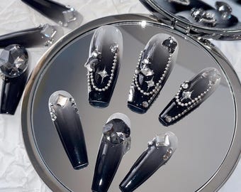 Light Ink Dripping, Handmade Manicure, Pressed On The Nails, Sweet And Cool Black Blush, Versatile For Daily Use, Long Ladder Style
