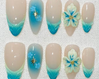 Green Elf, Summer Tiffany Green 3d Flower Shell Press-on Nails, Medium Almond Handmade False Nails, Holiday Ocean Style, Party Dress - Etsy Green Elf, Summer Tiffany Green 3d Flower Shell Press-on Nails, Medium Almond Handmade False Nails, Holiday Ocean Style, Party Dress - Etsy
