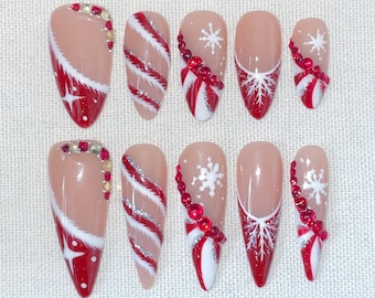 Christmas Nails, Press On Nails, False Nails, Red Nails, Holiday Nails, Red Christmas, Christmas Gifts, Handmade, reusable, custom nails