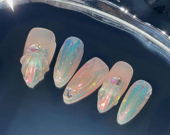 Meerjungfrau-Traum, verträumte Meerjungfrau-Schwanz, 3D-Gel-Muschel-Muster, Aurora-Rosa-Perle, Strandurlaubskleidung, wiederverwendbare Nägel