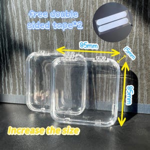 May include: Two clear plastic containers with lids, each measuring 3.35 inches by 3.35 inches. The containers are stacked on top of each other. The text "Increase the size" is written in yellow below the containers. The text "free double sided tape*2" is written in blue at the top of the image.