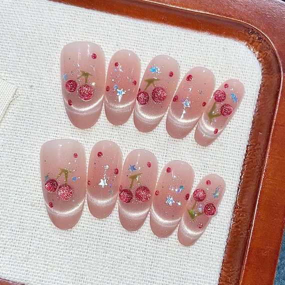 Sweetheart Cherry, 3d Gel, Smiling Cat Eye French, Cute Sweet Girl, Fine Shiny Crystal Press-On Nails, Valentine's Day Gift