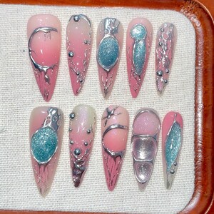 Cyber Pink Elf, Chrome Pink Press-On Nails, 3d Blue Aurora Long Stiletto False Nails, Gothic Reusable Nails, Y2k Hand-Painted False Nails