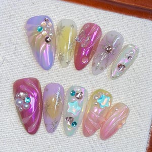 Fantasy Glaze, 3d Colorful Ocean Gel Art, Handmade Press-On Nails, Sweet And Cool Hot Girls, Dreamy Medium Almond Summer Nail Art