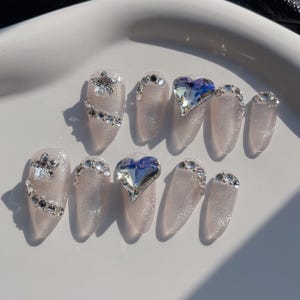 Glacier Galaxy, Handmade Nails, Reusable Nails, Silver Shining Stars, Atmospheric And Gentle Wedding Nail Art, Pressed Nails, Almond Nails